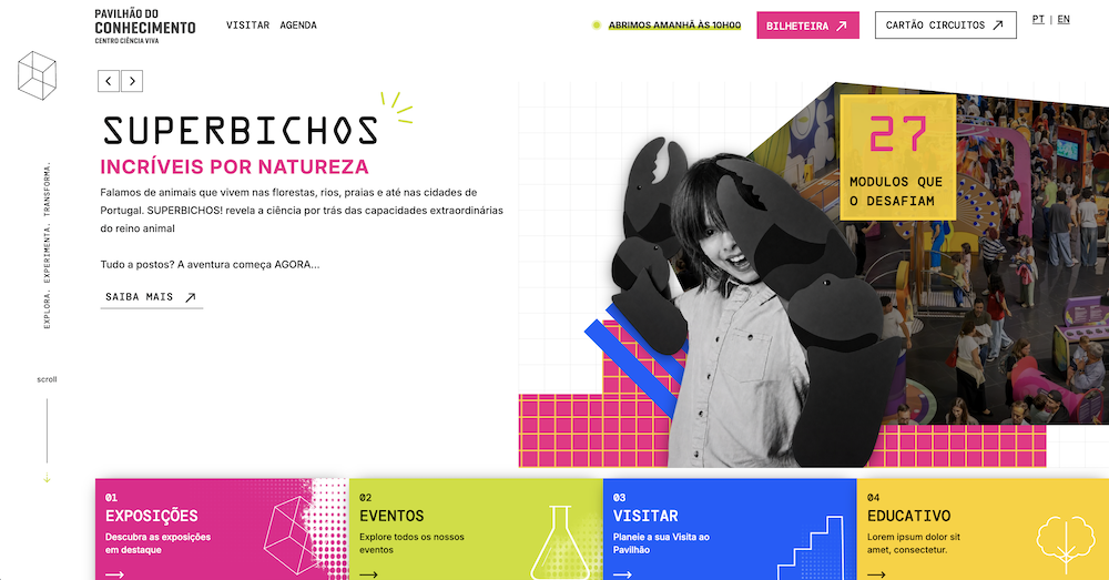 Homepage redesenhada do Pavilhão do Conhecimento